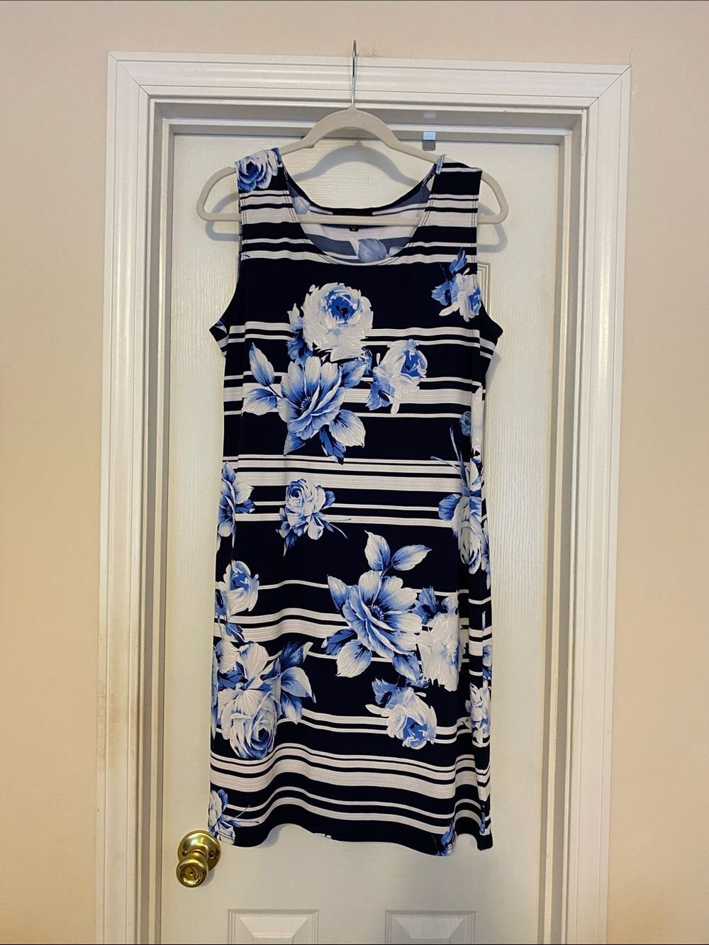 R & M Richards Navy & White Striped Midi Dress with Blue Floral Print‎ size 16